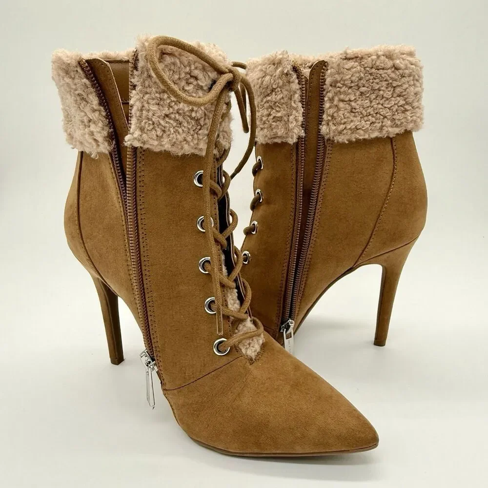 JESSICA SIMPSON Ankle Boots Women's Sz 5.5 Tan Stiletto Heel Vegan Faux Fur Cuff